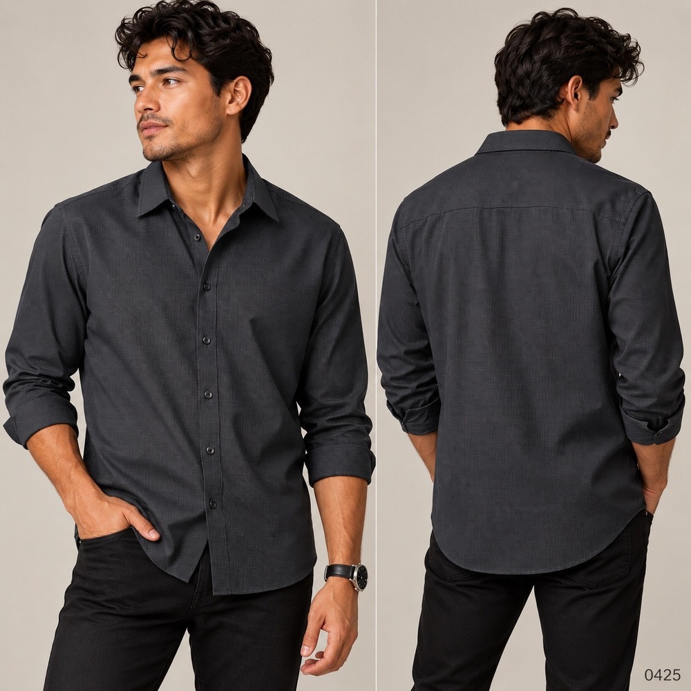 Egara Mens XL Slim Fit Non-Iron Button Down Shirt Black White Micro Dot 0425